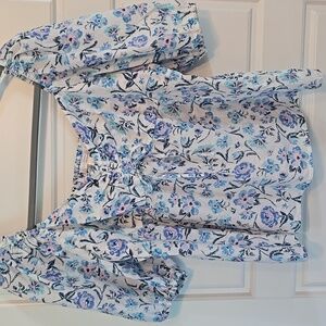 LC Lauren Conrad Women's L Peasant Blouse Sweetheart White Blue Floral Puff
